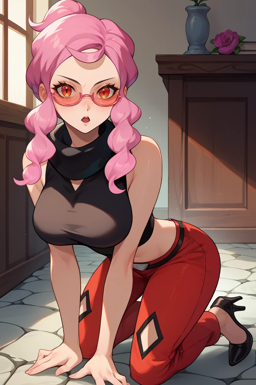 score_9, score_8_up, score_7_up, score_6_up, source_anime, 1girl, solo,  <lora:pkmnmalva-pdxl-nvwls-v1-000008:1> malva, pink hair, short ponytail, tinted eyewear, black crop top, turtleneck, sleeveless, midriff, belt, red pants, large breasts, kneeling, high heels, all fours, looking at you, open mouth, blush, stone floor