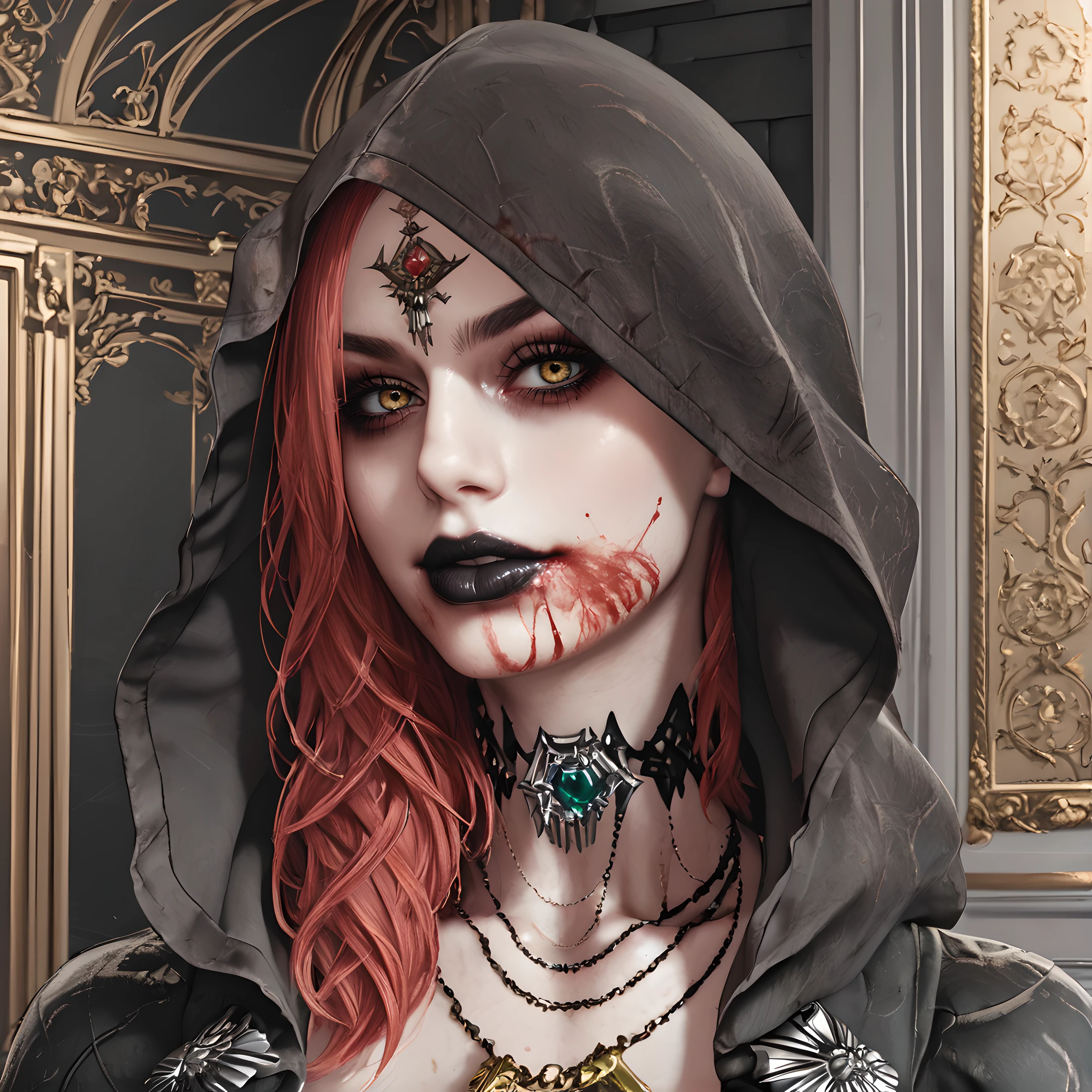 daniela, solo, 1girl, hood, jewelry, necklace, hood up, black lips, looking at viewer, long hair, blood, choker, red hair, yellow eyes, <lora:Daniela_Dimitrescu_-_Resident_Evil_Village:1>
BREAK
level_9, level_8_up, level_7_up, level_6_up, level_5_up, source_cartoon, masterpiece 
BREAK
indoor,