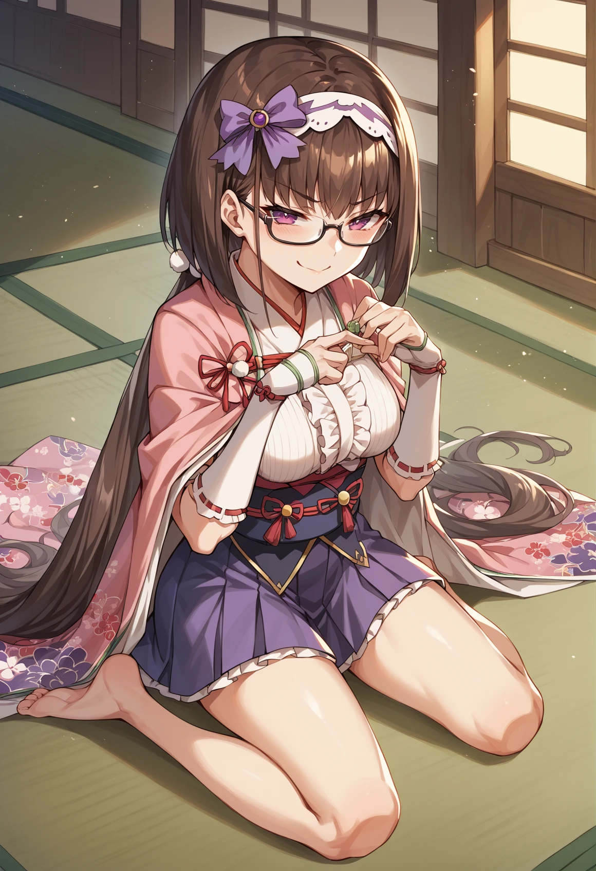 1girl, very long hair, multicolored hair, gradient hair, brown hair, blonde hair, purple eyes, low twintails, hairband, ribbon, cape, blouse, japanese clothes, bridal gauntlets, skirt, kneeling, barefoot, tatami, evil smile, smug, glasses, fixing eyewear, <lora:Osakabehime:1>, score_9, score_8_up, score_7_up, score_6_up, score_5_up, score_4_up, BREAK source_anime, masterpiece