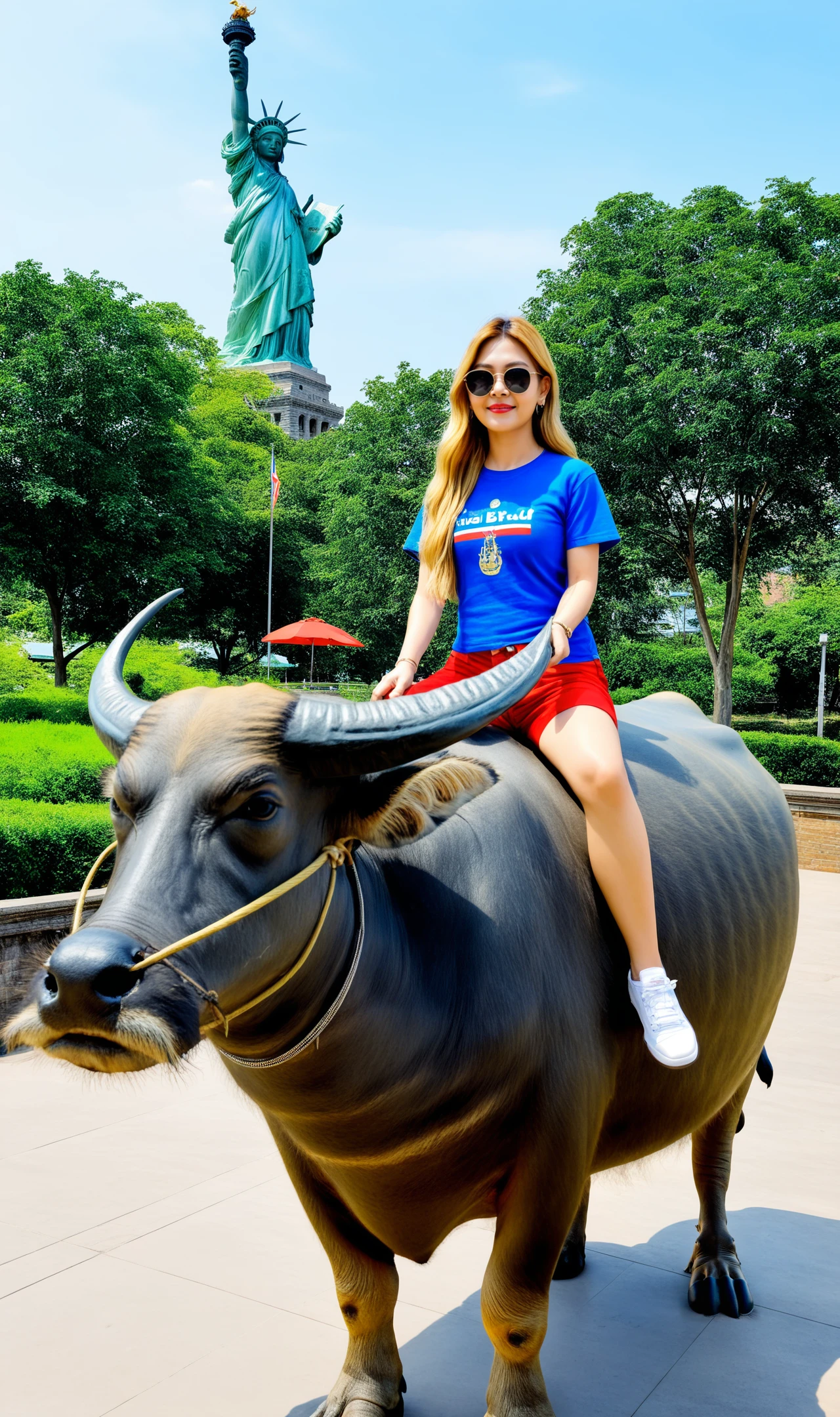 masterpiece,  realistic, official art,  Girl riding Thai Buffalo at Statue of Liberty, New York, 
1girl, 1animal, 40 years old, mature,  t-shirt, denim,  very long hair, blonde hair, 
animal,  (Thai Buffalo:1.1), <lora:SDXL_BTT_Ride_Thai_Buffalo_v01A:1.0>,SDXL_BTT_Ride_Thai_Buffalo_v01A,
outdoors, (Statue of Liberty:1.1),( New York:1.3),  <lora:HandFineTuning_XL:1>