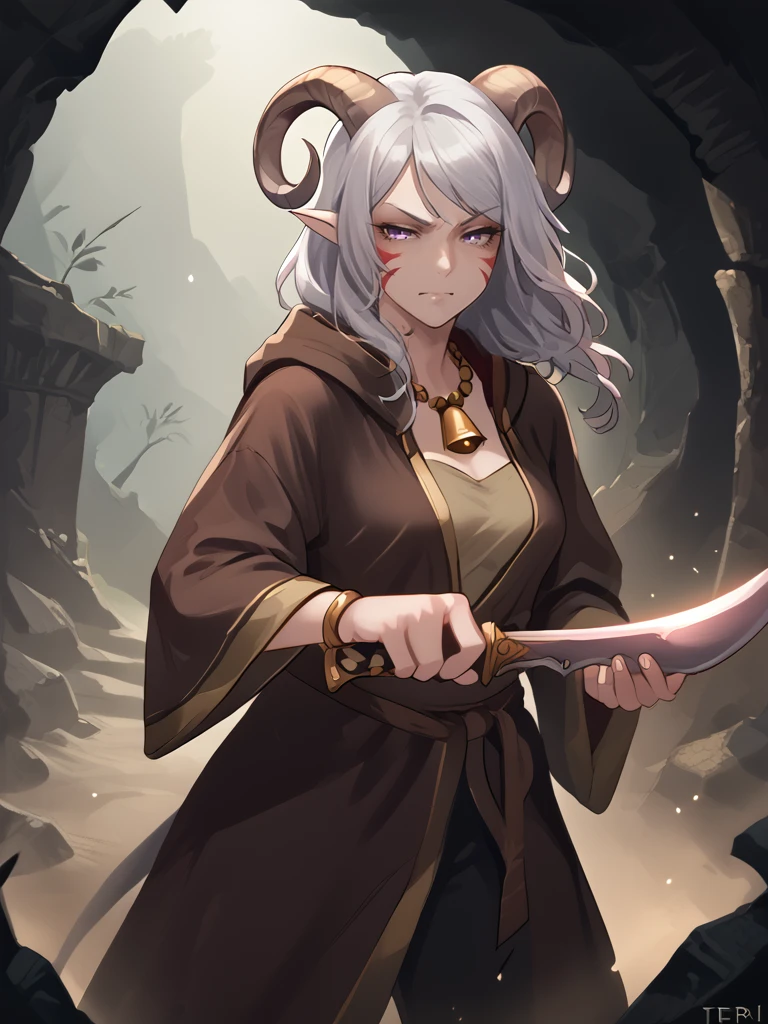 source_furry, score_7_up, rating_safe, source_anime:1.2, 
kukri, holding kukri:1.2, holding weapon, 
tiefling_bard_Diana:1.2, silver hiar,  robe:1.2,  solo,  cave, naughty face, swept bangs, ruins, bell necklace, fighting stance, cowboy shot, 
purple eyes, <lora:whisker_markings:0.4>red whisker_markings, 
 <lora:Nanoless_Artist_Style_PonyXL:0.2> <lora:age_slider_v4:0.7> 
<lora:Test_Diana:0.8>, 
<lora:Smooth Style 2 SDXL_LoRA_Pony Diffusion V6 XL:0.3>
 <lora:kukri:1>