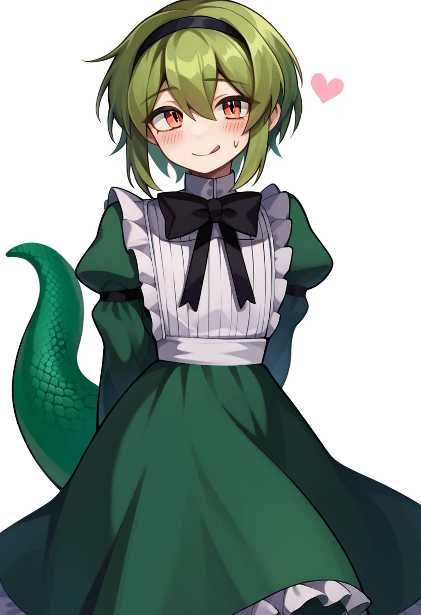 score_9, score_8_up, score_7_up, source_anime,  <lora:bill BS2pony-000004:0.8>,  bill2w, solo, tongue out, green hair, lizard tail, tail, dress, long sleeves, white background, heart, 1boy,  hairband, male focus, bow, short hair, juliet sleeves, puffy sleeves, bowtie, blush, arm behind back, black bow, green dress, otoko no ko, frills, smile, looking at viewer, orange eyes, sweatdrop, crossdressing, hair between eyes, black hairband, bangs