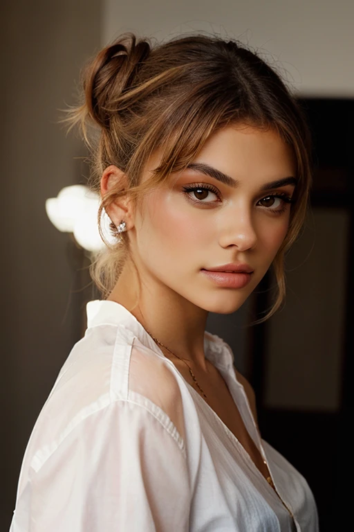 double bun a breathtaking beauty photo of a beautiful woman <lora:KelseyCalemine:1>, curly afro hair with blonde highlights, long hair, simple neutral dark background, dramatic rim lighting, fill lighting,  looking at viewer,  OverallDetail, wearing a white shirt,  SkinDetail