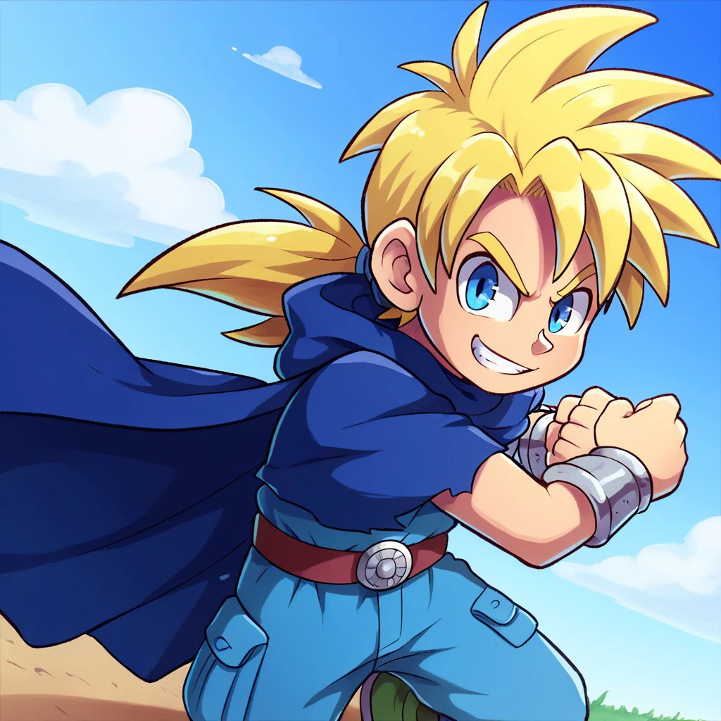 score_8, score_9, BREAK, solo, male child, hs, blonde hair, spiked hair, ponytail, blue eyes, cape, belt, smirk, cute, combat stance, outdoors