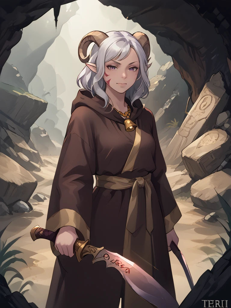 source_furry, score_7_up, rating_safe, source_anime:1.2, 
kukri, holding kukri:1.5, holding weapon:1.2, cowboy shot, close up:1.4, 
tiefling_bard_Diana, silver hiar,  robe:1.2,  solo,  cave, naughty face, swept bangs, ruins, bell necklace,
purple eyes, <lora:whisker_markings:0.4>red whisker_markings, 
 <lora:Nanoless_Artist_Style_PonyXL:0.> <lora:age_slider_v4:0.7> 
<lora:Test_Diana:0.8>, 
<lora:Smooth Style 2 SDXL_LoRA_Pony Diffusion V6 XL:0.3>
 <lora:kukri:1>  <lora:FlatAnimePony:0.6>