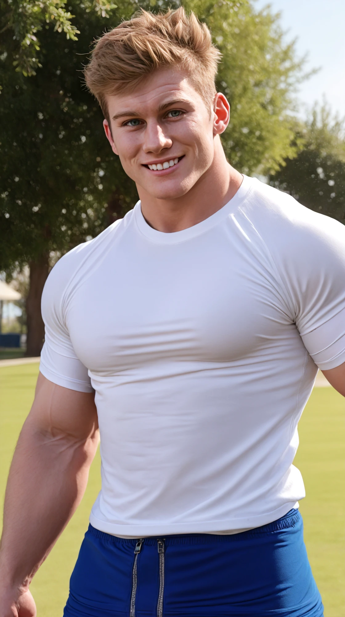 (face focus). (masculine:1.3), large strong physique:1.0, at outdoor sunny park, (muscular man wearing tight tshirt :1.2), sexy pose:1.0, styled hair, confident, handsome, (((masterpiece))), (((best quality))), (hands on waist), male, athletic, looking at viewer, (short hair), lower color saturation:1, lower contract color:1, smile, <lora:JDFootballBertrand (1):1>, DFootballBertrand