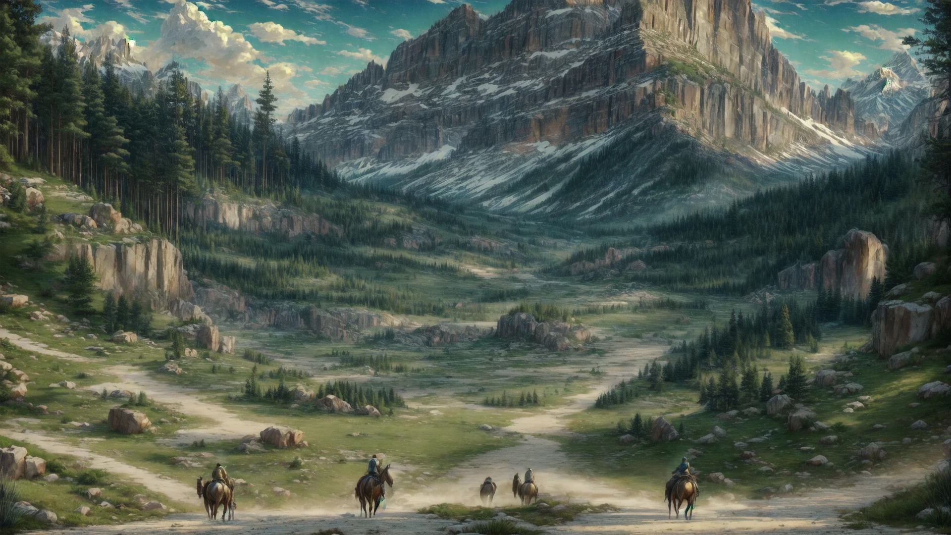 Role-playing game (RPG) style fantasy (an outdoor landscape shot of jagged and rocky mountains: 1.1), (with a rough dirt road going up: 1.1), (in a visual novel style: 1.1), <lora:fantasybgv1:0.8>, fantasybg, no humans, very detailed, <lora:more_details:0.6>, high quality, highres, masterpiece, best quality, 8k, intricate, detailed, <lora:add_detail:0.6> . Detailed, vibrant, immersive, reminiscent of high fantasy RPG games