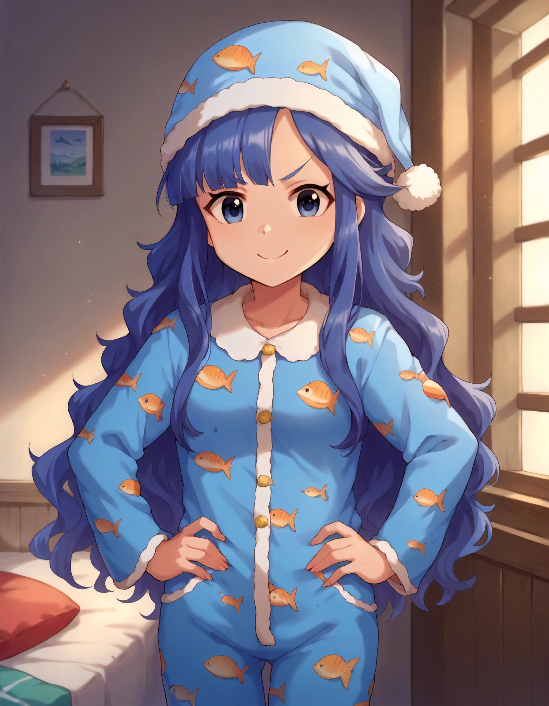 score_9,score_8_up,score_7_up,1girl,solo,cowboy shot,looking at viewer,smile,v-shaped eyebrows,closed mouth,hands on hips,indoors,
<lora:asarinanami_ponyXLV6:0.8>,cgannm,blue hair,long hair,wavy hair,blue eyes,blue pajama,fish print,nightcap