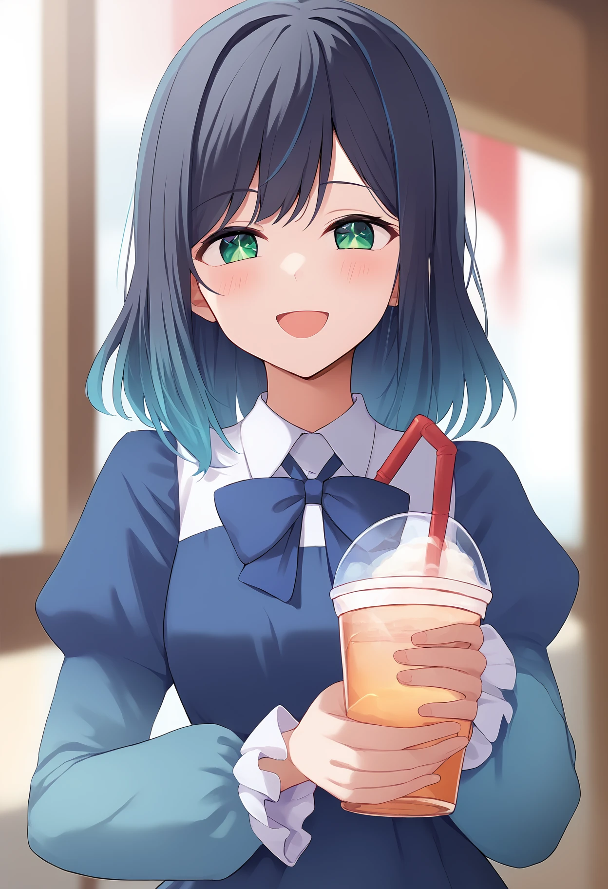 1girl,
kurokawa akane,
looking at viewer, long sleeves, frilled sleeves, multicolored hair, holding, blue bow, gradient hair, open mouth, smile, black hair, puffy sleeves, blue hair, blurry background, long hair, holding cup, upper body, green eyes, drink, dress, blush, bow, shirt, blue dress, blue bowtie, bowtie, solo, cup, blurry, collared shirt, frills, drinking straw, white shirt, :d, disposable cup,
score_9, sfw
<lora:pony_char_kurokawa_akane-000010:1>