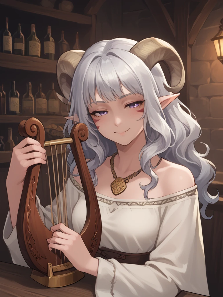 source_furry, score_7_up, rating_safe, cowboy shot, close up, source_anime:1.3, half-closed eyes,  anime face,  smile face, 
 <lora:Test_Diana:0.5> tiefling_bard_diana,  holding instrument, silver long wavy hair, tavern  ,bell necklace, 
<lora:whisker_markings:0.8>red whisker_markings ,short pointy ears, purple eyes, <lora:age_slider_v4:0.6> <lora:Tieflingnew weird fantasyDND:0.3><lora:Smooth Style 2 SDXL_LoRA_Pony Diffusion V6 XL:0.3> <lora:Adventure_backpack:0.4> 
<lora:lyre_r1:0.8> lyre, greek_lyre, holding_instrument,