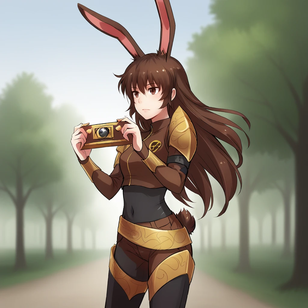 score_9, score_8_up, score_7_up, score_6_up, score_5_up, score_4_up, zPDXL2,1girl, solo, cowboy shot, holding camera, outdoors setting, nature setting,  <lora:Velvet_Scarlatina_-_RWBY:0.8> velvet_rwby, rabbit ears, brown hair, rabbit tail, thighhigh boots, black body suit, brown armor,