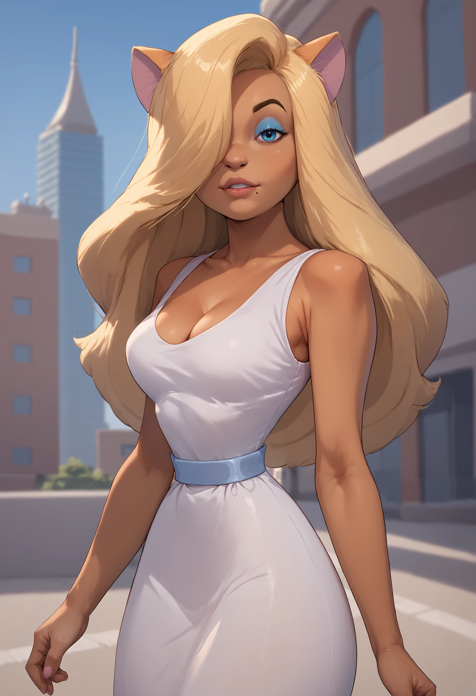 <lora:KittenKaboodle_PonyXL_v1:1>, score_9, score_8_up, score_7_up, rating_questionable, source_furry, realistic, solo, kitten kaboodle, cat humanoid, blonde hair, makeup, blue eyes, mole \(marking\), white sleeveless dress, blue waistband, hair over eye, cleavage, looking at viewer, three-quarter portrait, outside, detailed background, city, buildings