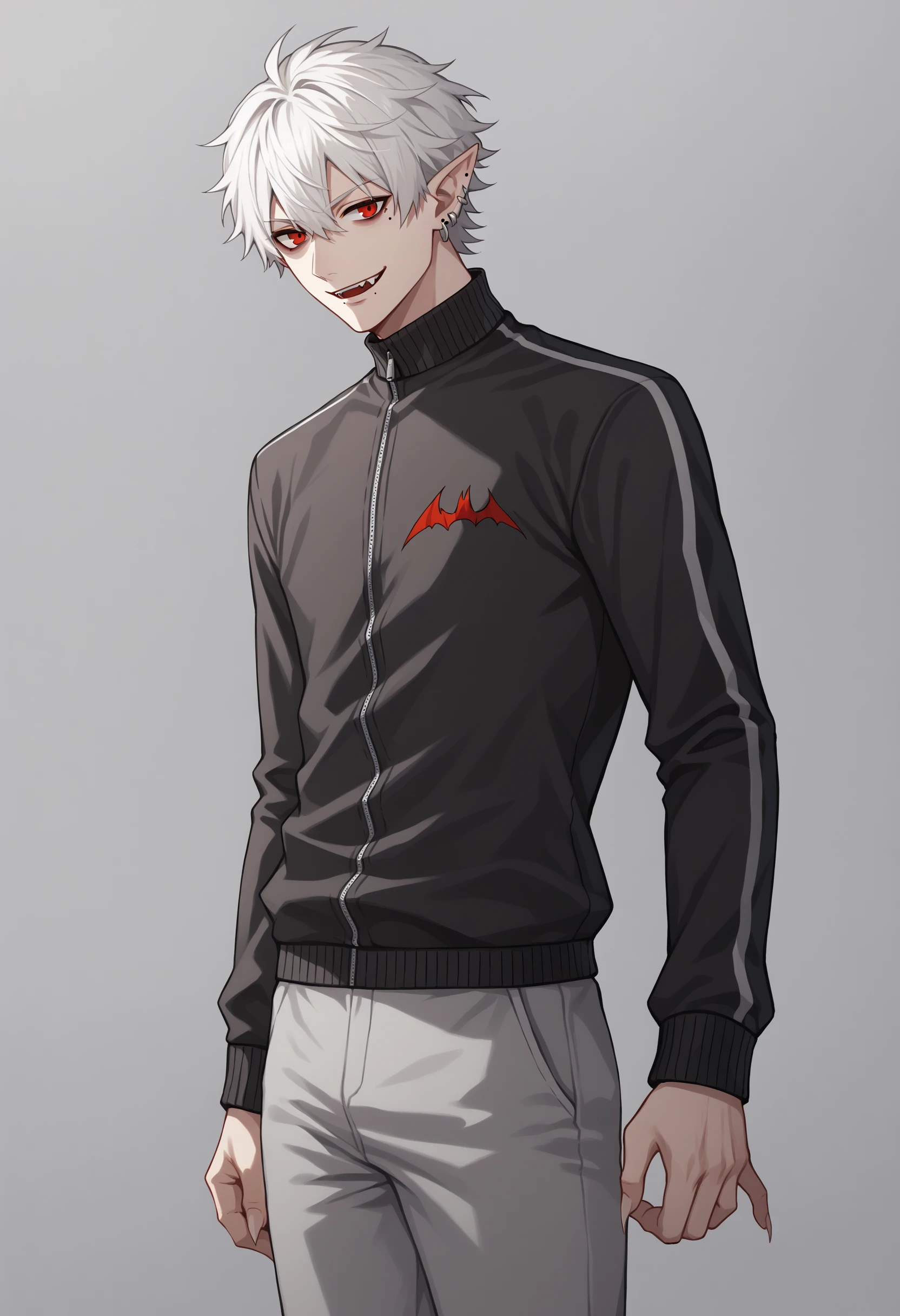 score_9, score_8_up, score_7_up, source_anime, k01, 1boy, red eyes, white hair, hair between eyes, pointy ears, earrings, piercing, mole, mole under eye, fangs, fingernails, sharp fingernails, jacket, black jacket, track jacket, pants, grey pants, smile, cowboy shot<lora:KuzuhaXL-13:1>