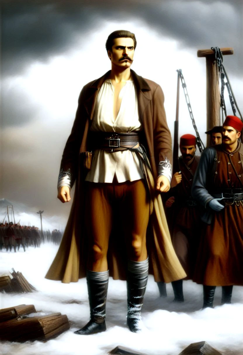 Dramatic realistic image with vico quality and ultra high resolution depicting Vasil Levski going to the gallows accompanied by Ottoman soldiers, correct anatomy.
Vasil Levski:
A tall, slender man with a beard and moustache.
Dressed in dark clothes, draped with Yamurluk is a thick outer garment of the traditional costume, designed to protect against cold and rain typical of the era (1870s).
He radiates courage and determination, but at the same time he is aware of his destiny.
hand and foot shackles.
(The Gallows):
(A wooden structure erected in the field near Sofia.)
A crowd of people has gathered around her, watching silently. Their faces are sad, dejected.
Some of them may cry or grumble.
Churches, mosques, or other buildings of the era may be seen in the background.
Atmosphere: drama, winter and cold weather, wind, 
Dark and gloomy, with predominant gray and brown colors.
The air is filled with tension and sorrow, sadness.
The sun may be setting, casting long shadows.
Additional details:
a heavenly ray of light falling on Levski, symbolizing his faith and martyrdom.
A mountain or other symbol of freedom should be visible behind the gallows. wolves in the distance