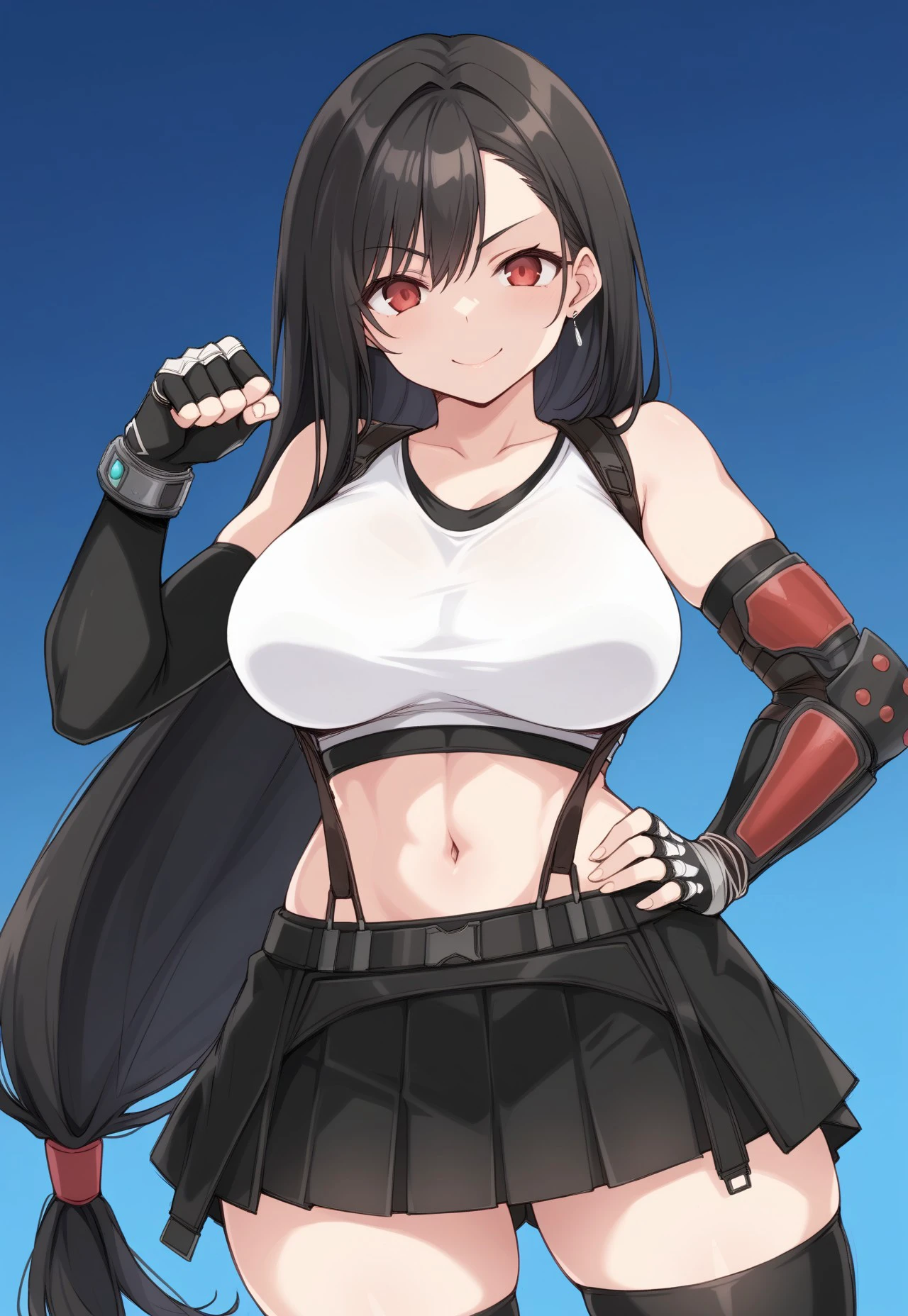 embedding:urn:air:sd1:embedding:civitai:222256@250708, score_9, kumasteam, source_anime, 1girl, solo, 7rtif, red eyes, low-tied long hair, black hair, earrings, sports bra, black suspenders, pleated miniskirt, black thighhighs, arm guards, elbow gloves, fingerless gloves, large breasts, gradient background, blue background, looking at viewer, smile, hand on hip, clenched hand, dutch angle