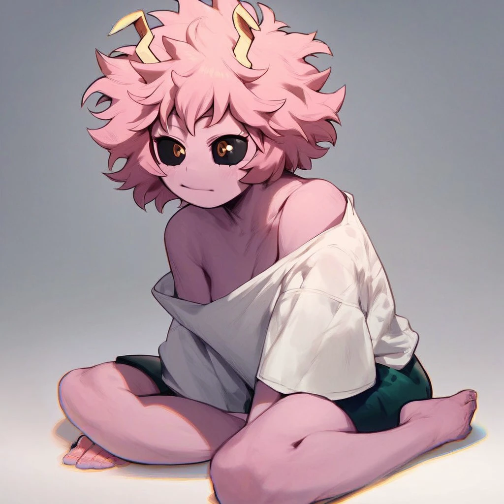 score_9, score_8_up, score_7_up, score_6_up, score_5_up, score_4_up, 1girl, MinaHero, sitting on the floor, barefoot, loose shirt, exposed shoulder, pink hair, pink skin, black sclera