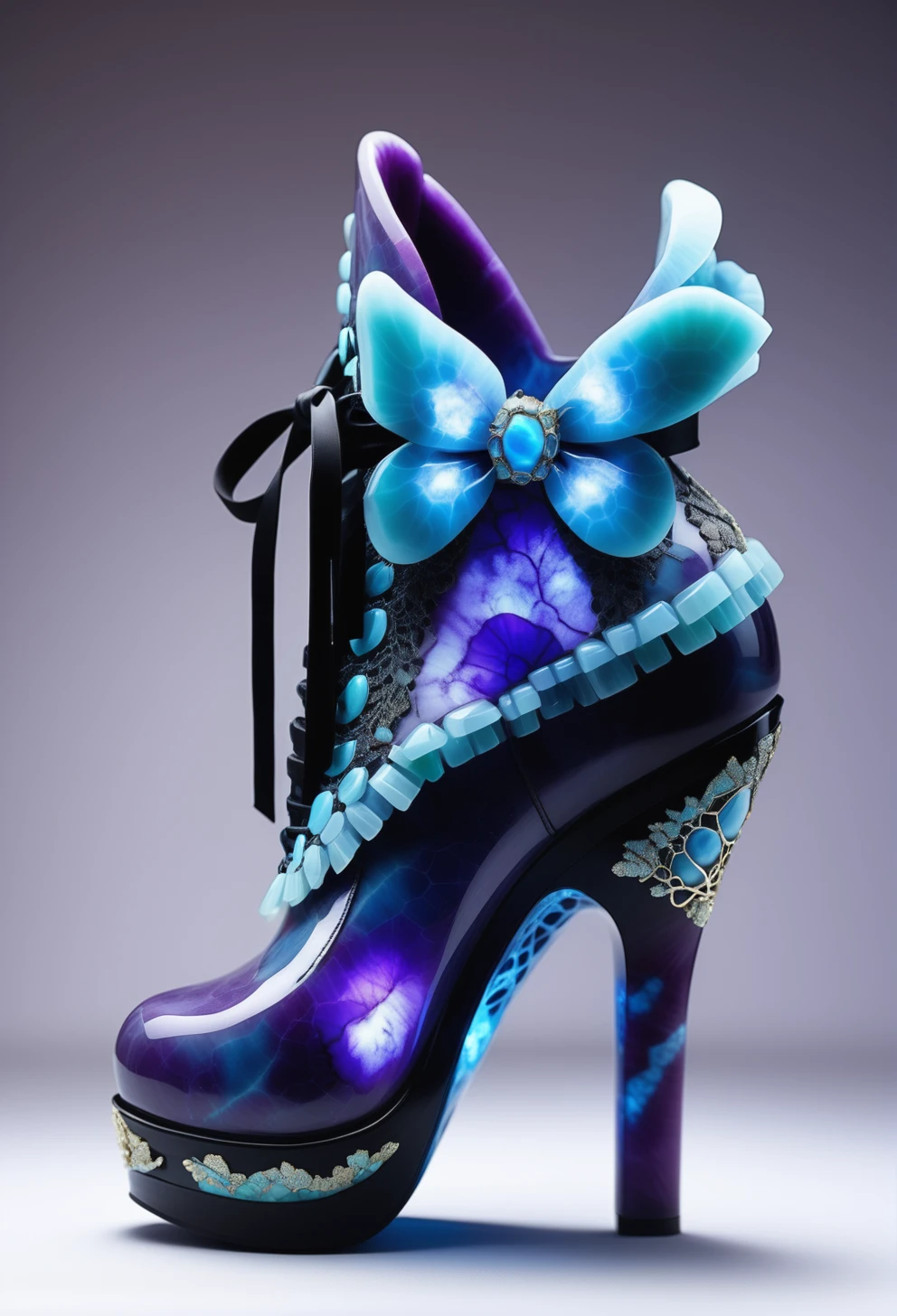 a Haute Couture shoe made out of reij-prplmnjd <lora:purplemoonjade-000004:1> and detailed with made out of reij-lmlrmr <lora:lumilarimar-000003:1>, Tattoo ink of a masterpiece, landscape of a Verdant Fields of the Harvest Festival, digital manipulation, flowing, highly decorated, intense, ambient atmosphere, stunning