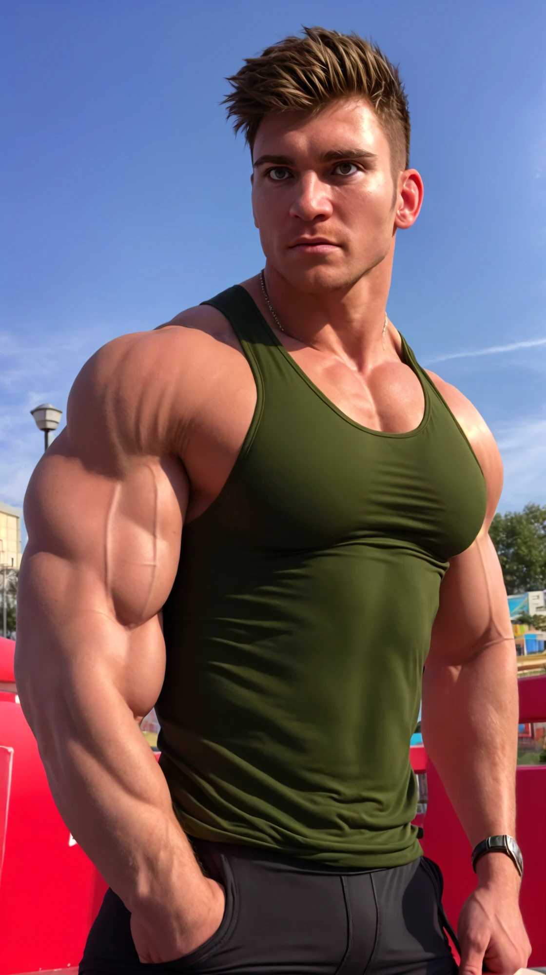 (face focus). (masculine:1.3), large strong physique:1.0, at outdoor sunny park, (muscular man wearing tight tank top:1.2), sexy pose:1.0, styled hair, confident, handsome, (((masterpiece))), (((best quality))), male, athletic, looking at viewer, (short hair), lower color saturation:1, lower contract color:1,  <lora:JadenXXXStorm (1):1>, JadenXXXStorm