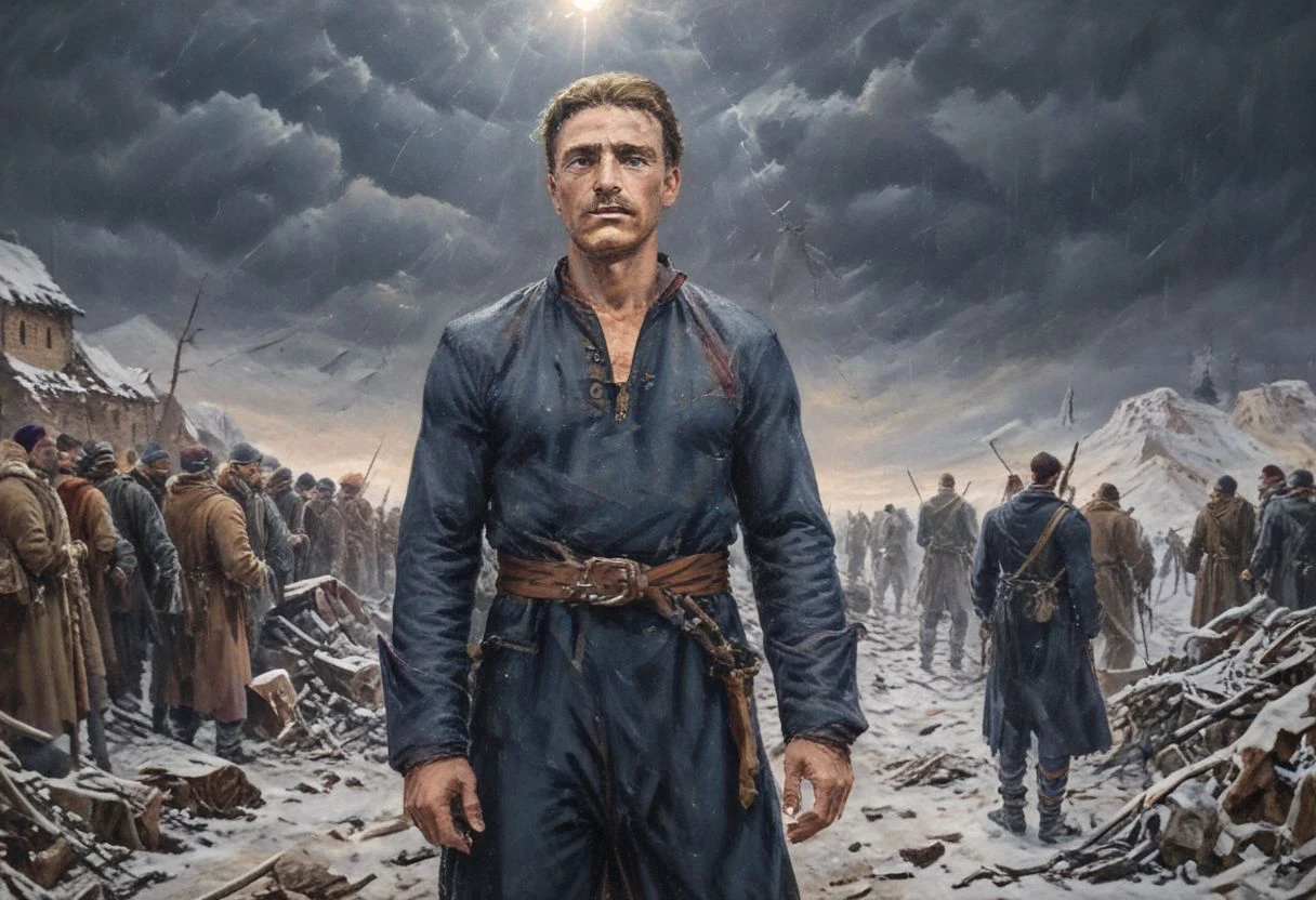 Dramatic and realistic high quality and ultra high resolution image of Vasil Levski in front of the gallows accompanied by Ottoman soldiers, correct anatomy, correct anatomy of arms and legs Vasil Levski: Tall, slender man with a beard and moustache. Dressed in dark clothing, draped with (the yamurluk is a thick woolen outer garment) a folk costume to protect against the cold and rain characteristic of the era (1860s). He radiates courage and determination, but at the same time he is aware of his destiny. hand and foot shackles. (The gallows): (A wooden structure erected in a field near Sofia.) A crowd of people has gathered around it, watching in silence. Their faces are sad, dejected. Some of them may cry or mumble. In the background you can see churches, mosques or other buildings from the era. the landscape is dramatic, sad, hard winter, cold weather, snow, blizzard, the sun is setting, casting long shadows. a heavenly ray of light through the clouds falls on Levski, symbolizing his faith and martyrdom. A mountain or other symbol of freedom must be visible behind the gallows. wolves in the distance, children crying, resistance