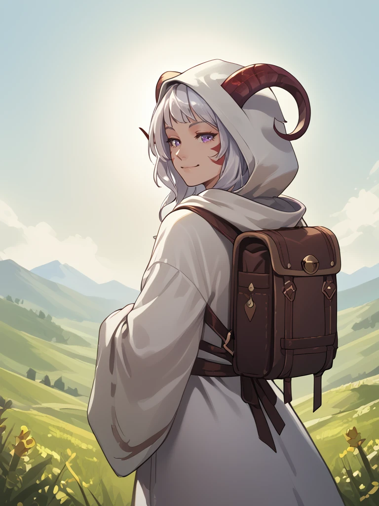 source_furry, score_7_up, rating_safe, 
 <lora:Adventure_backpack:0.7> adventure_backpack:1.3,
tiefling_bard_Diana:1.2, silver hiar, meadow,  robe:1.2, standing back, smile, solo, back, close up, 
purple eyes, <lora:whisker_markings:0.4>red whisker_markings, bell necklace, 
 <lora:Nanoless_Artist_Style_PonyXL:0.2> <lora:age_slider_v4:0.7> 
<lora:Test_Diana:0.7>, hood up,