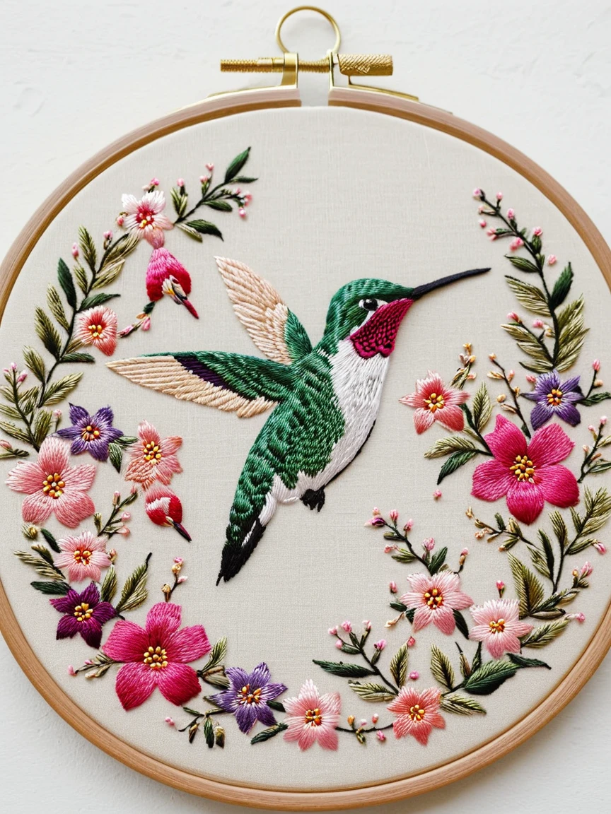 <lora:EmbroideryXL:1> hummingbird embroidery, flower