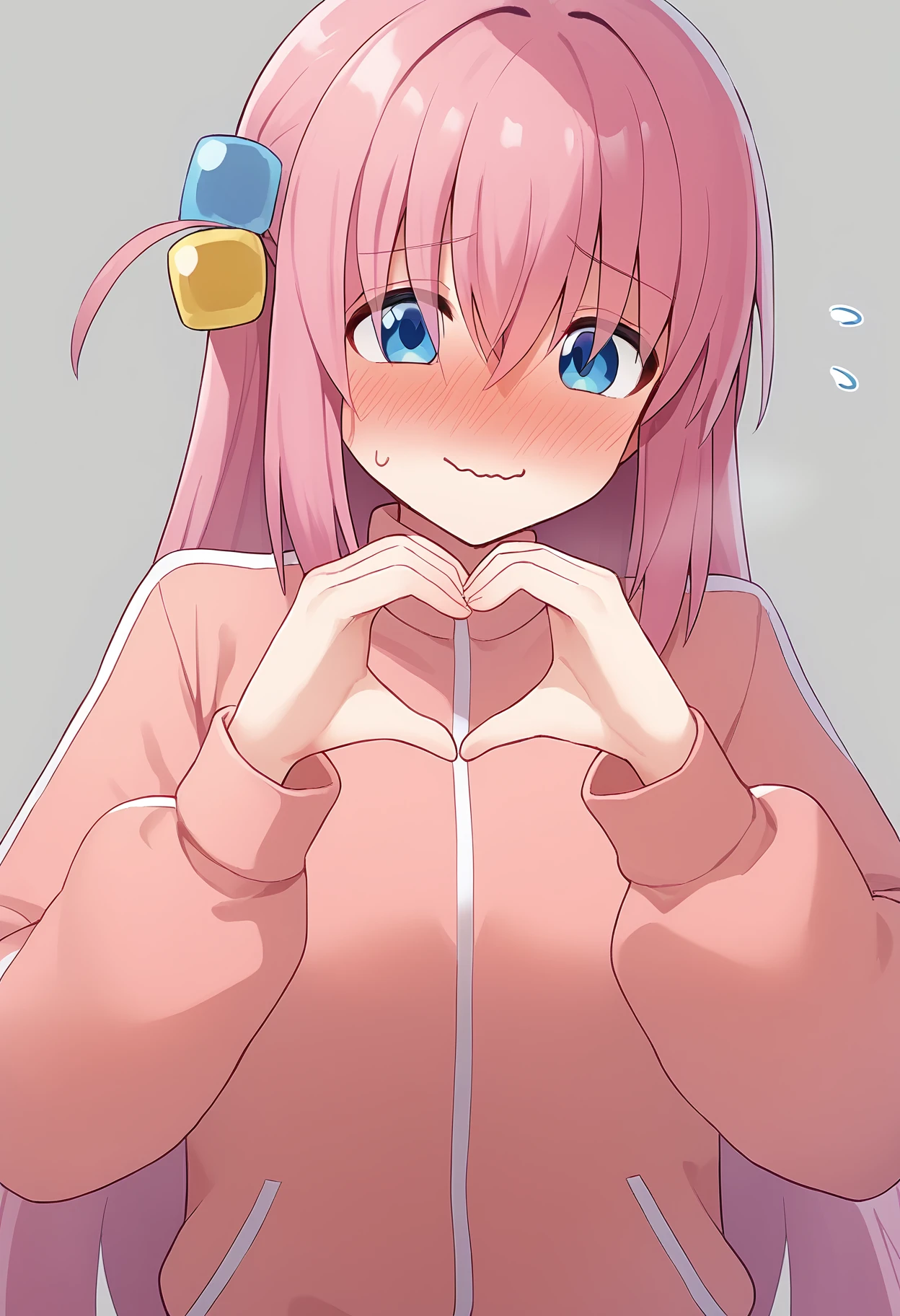 1girl, 
gotoh hitori,  
cube hair ornament, solo, one side up, jacket, hair ornament, looking at viewer, pink hair, heart hands, grey background, pink jacket, hair between eyes, heart, hair bobbles, puffy sleeves, long sleeves, long hair, track jacket, blush, blue eyes, two-tone background, puffy long sleeves, closed mouth, hands up, sleeves past wrists, upper body, smile, sweat, white background, very long hair, nose blush, flying sweatdrops, nervous smile, wavy mouth, nervous sweating, 
score_9,  sfw
 <lora:pony_char_gotoh_hitori-000005:1>