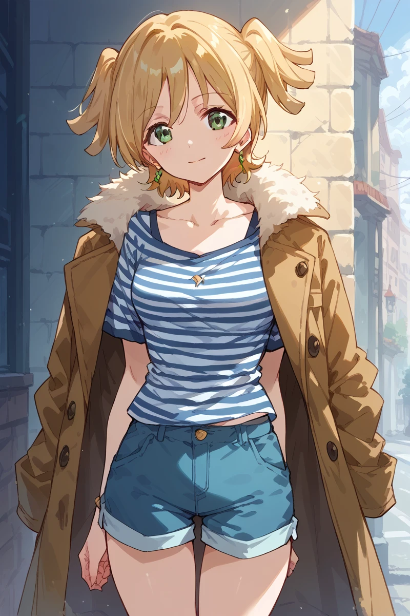 score_9, score_8_up, score_7_up, score_6_up, 1girl,
 <lora:Nana_Daiba:0.9> nana, green eyes, blonde hair, solo, striped, striped shirt, blue shirt, blue shorts, shorts, coat, looking at viewer, collarbone,