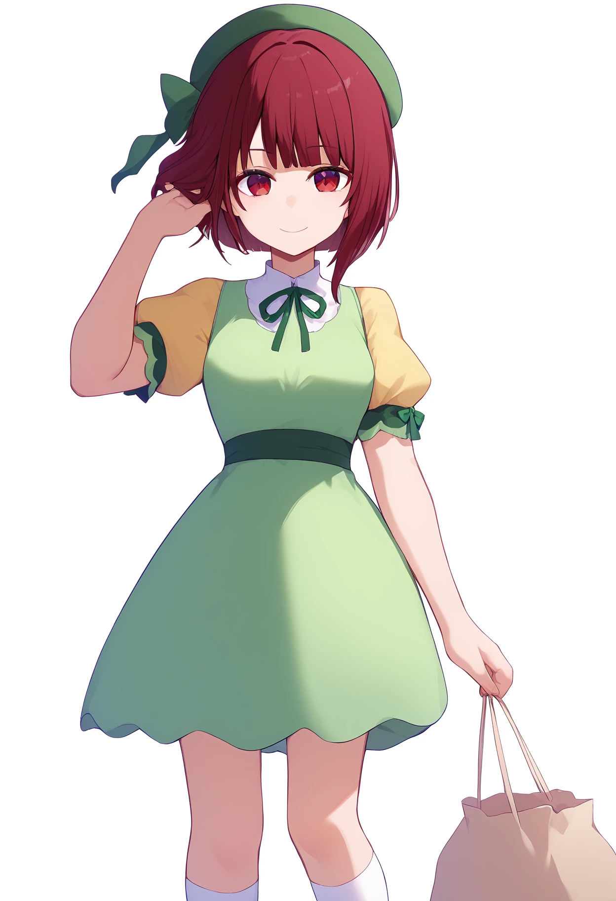 (One girl)、((short hair))、right orange hair、((boyish))、Crossdresser、((Dairy-free))、(Healer)、black leggings、White sleeveless、black gloves、say、green eye、arm behind back、White Background、