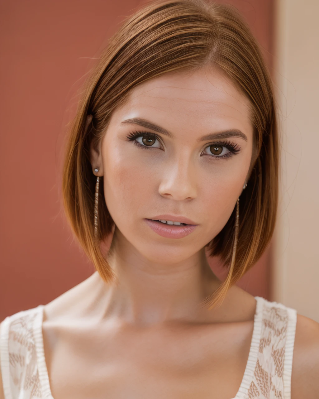 phart, redhead, ((pixie haircut)), professional portrait of 1girl in a floral dress, lip gloss, lips, youthful, pretty face, earrings, face details, realistic, looking at viewer, lips parted (Rome background)