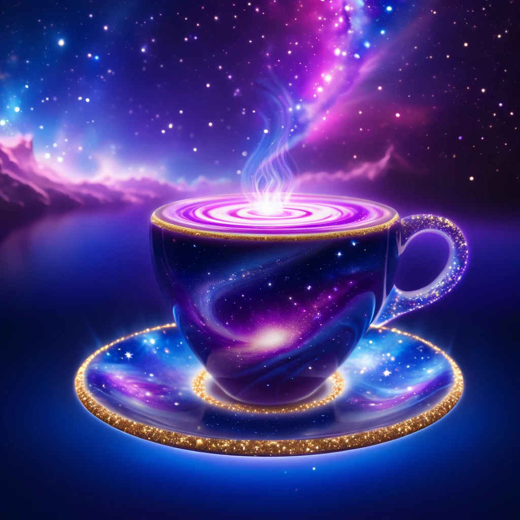 enchanting scene, a steaming cup of coffee made of light, the liquid within the cup forms a swirling cosmic galaxy made of light, The coffee surface is a mesmerizing mix of deep purples and blues and pinks dotted with stars and nebulae, fit the vastness of space inside the cup, The cup made of light rests on a saucer that reflects the celestial patterns, surrounded by tiny star-shaped cookies made of light  and cosmic-themed decorations, The atmosphere is made of light and  is magical and dreamy,<lora:ArsMorph_-_World_of_Light_-_SDXL:1.5> ArsWorldOfLight