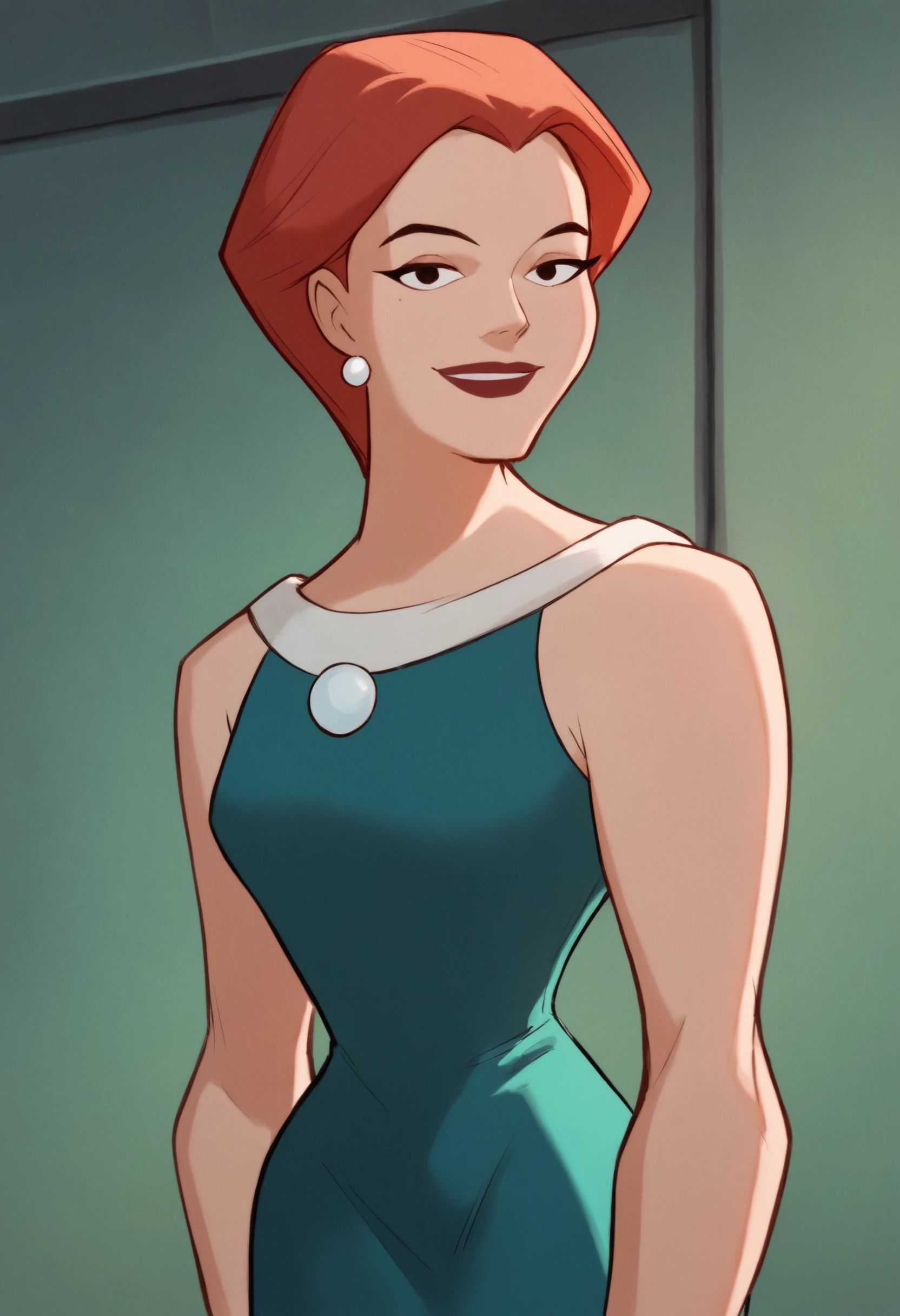 <lora:MaryMcGinnisBatmanBPony1.0:1> marymcginnis, 1girl, short hair, solo, red hair, jewelry, earrings, green dress, lipstick,smile, score_9, score_8_up, score_7_up, score_6_up, score_5_up, score_4_up, looking at viewer, cowboy shot,