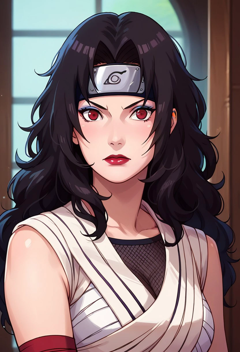 score_9, score_8_up, score_7_up, score_6_up, score_5_up, score_4_up, 1girl, slim, fit, realistic, beautiful eyes, kurenai, (/Naruto)/, (ultra HD quality details),  black hair, wavy hair, long hair, (red eyes), lipstick, makeup, forehead protector, konohagakure symbol, white dress, Sarashi, single sleeve, fishnet top, shorts, bandages, bandaged arm, mouth opened, hiding, focusing on colorful beetle, portrait, face focus, upper body,