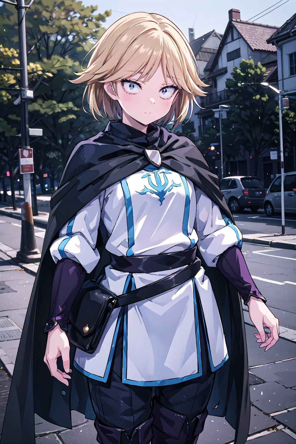 (masterpiece), best quality, high resolution, extremely detailed, detailed background, neia_White_dress, neiabaraja, solo, sanpaku, parted_bangs, closed_mouth, expressionless, bags_under_eyes, looking_at_viewer, small_breasts, constricted_pupils, black_cape, thigh_boots, brown_footwear, long_sleeves, vambraces, brown_belt, black_pants, belt_pouch, clenched_hands, outdoors, <lora:Neia_V2:0.8>