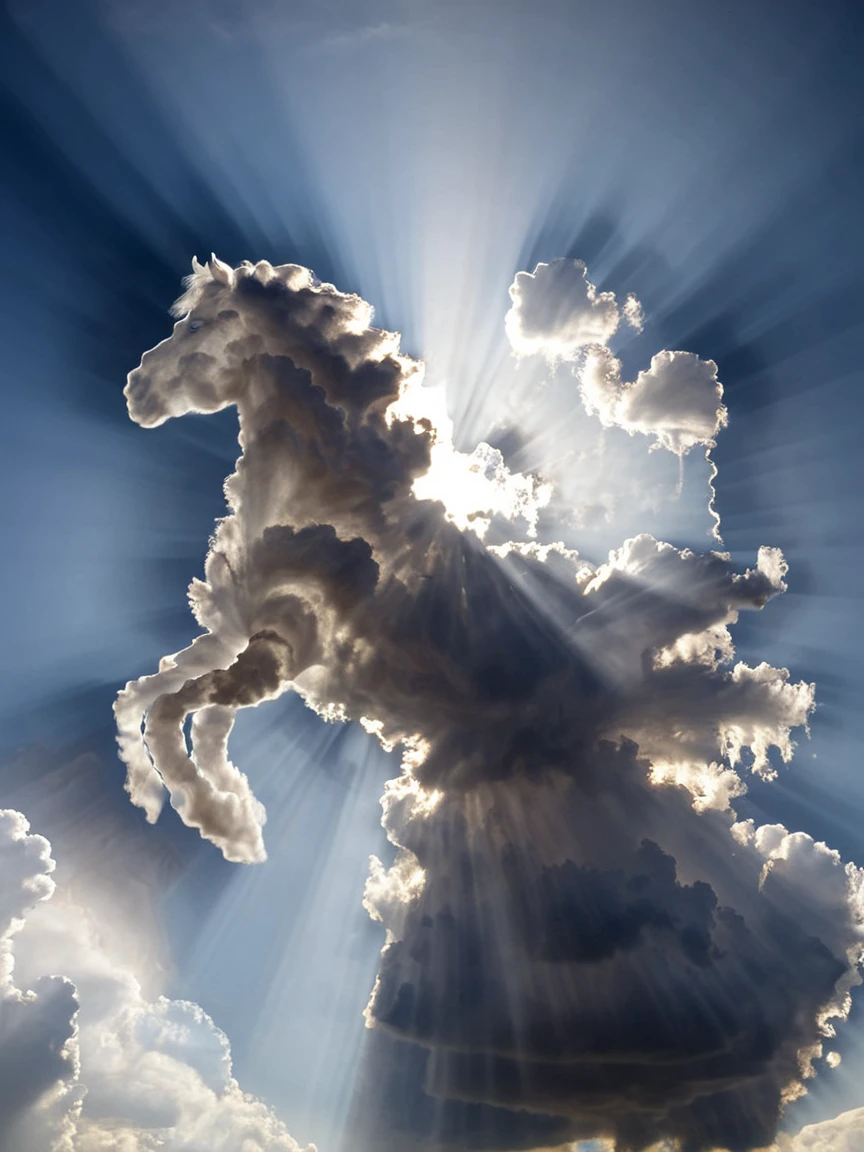 <lora:cloudsXL:1> horse made of clouds, cloud, sky, day, light rays,