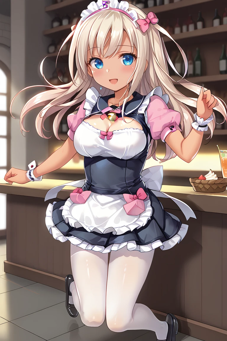 big_breasts,,blushing,,_face,,,,sayo,school_uniform,wavy_hair,
,bow, pink bow, ribbon, bell, neck bell, hair ribbon, maid headdress, maid, frills, clothing cutout, cleavage cutout, short sleeves, puffy sleeves, wrist cuffs, puffy short sleeves, apron, waist apron, frilled apron, pantyhose, white pantyhose, white legwear, shoes, high heels, black footwear,,RO500,jumping, DEF, RO500,tan_body,bar<lora:EMS-423640-EMS:0.800000>, <lora:EMS-390441-EMS:1.000000>