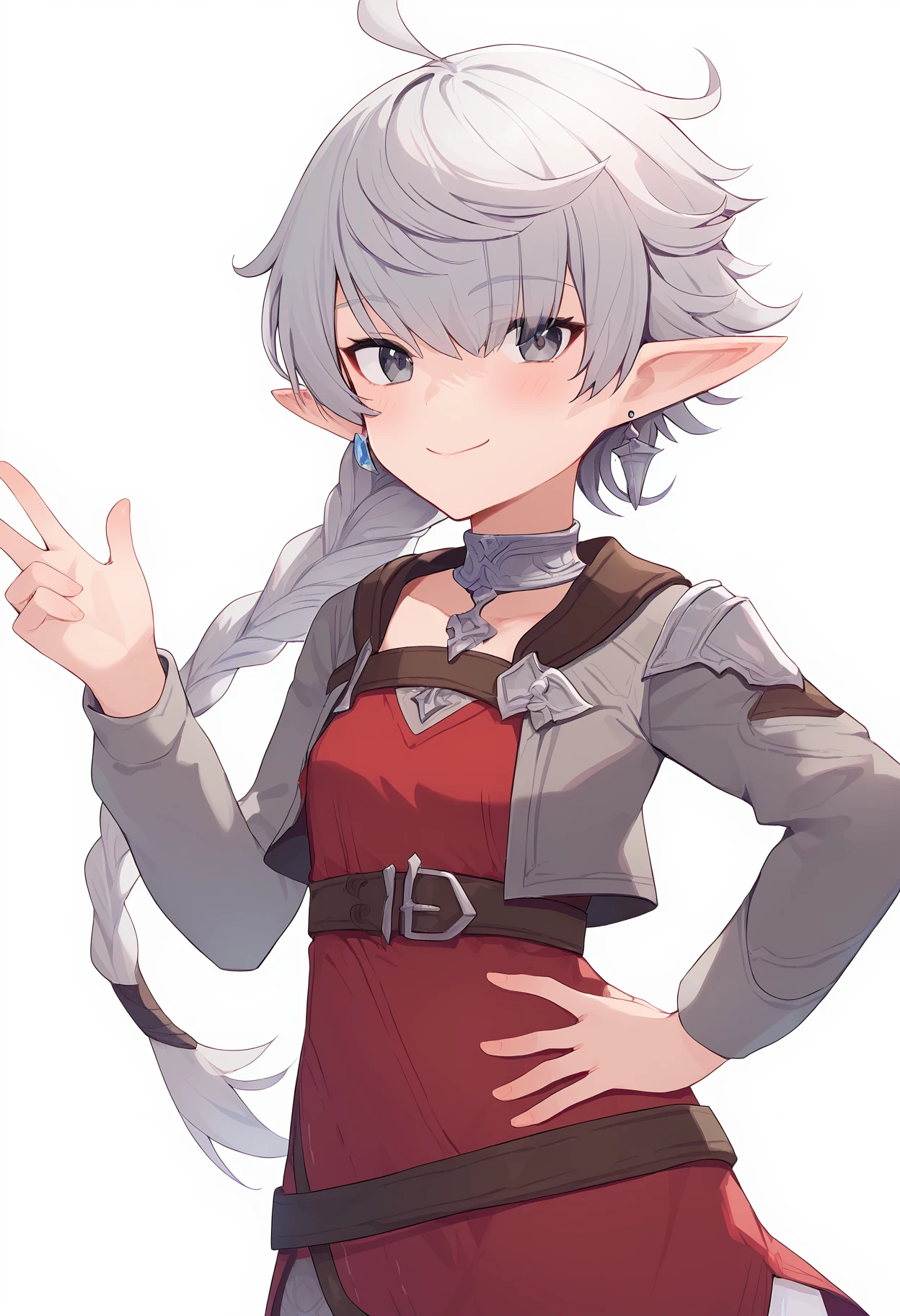 1girl,
alisaie leveilleur,
elezen, hand up, grey eyes, earrings, single braid, long hair, ahoge, blush, cowboy shot, neck ring, pointy ears, long sleeves, cropped legs, elf, jewelry, open jacket, closed mouth, simple background, open clothes, grey jacket, braid, belt, red dress, jacket, smile, solo, hair over one eye, dress, hand on own hip, grey hair, braided ponytail, looking at viewer,
score_9, sfw
<lora:pony_char_alisaie_leveilleur-000008:1>