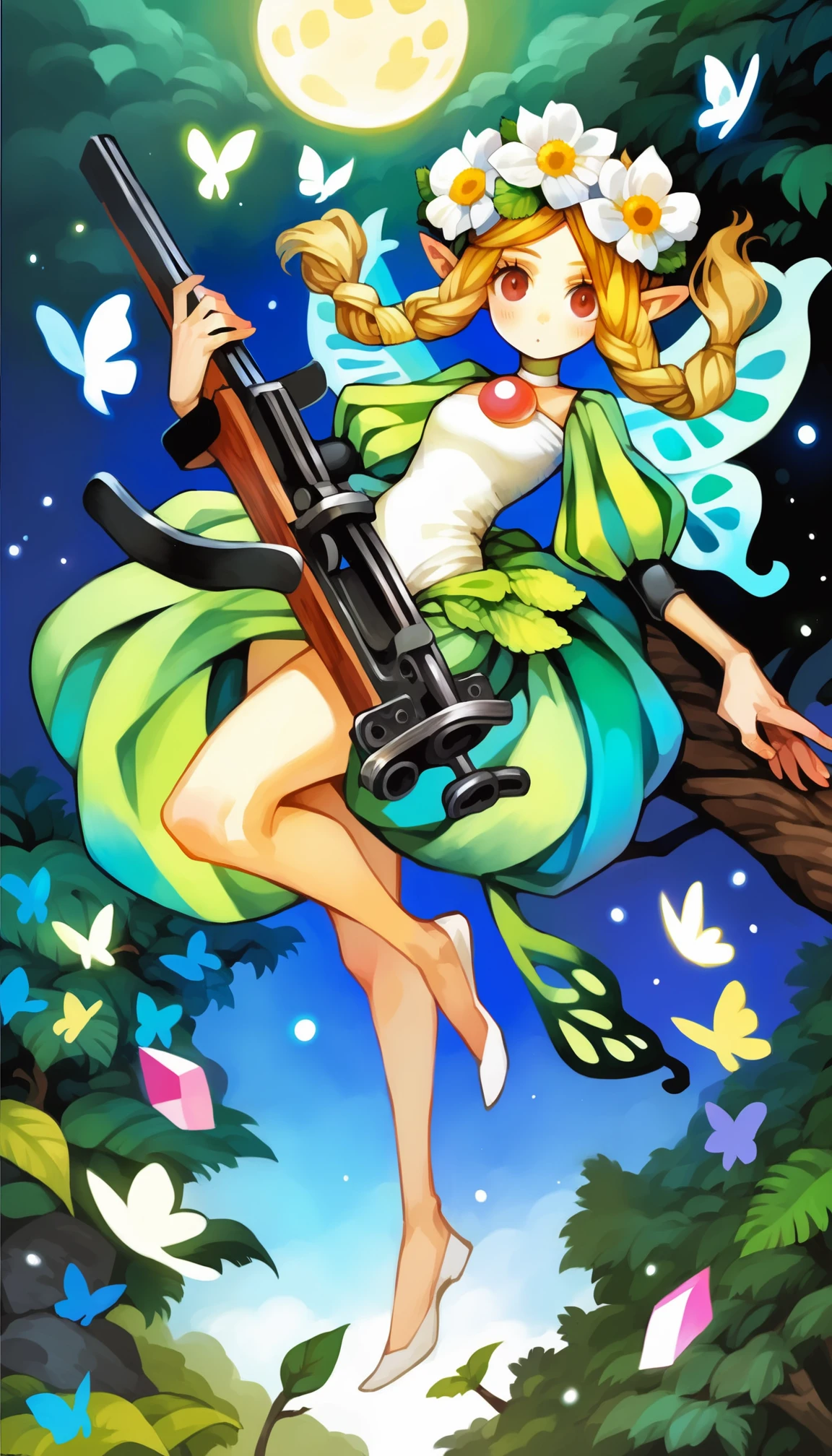 score_9,score_8_up,score_7_up,
<lora:vanillawareStyle:1>,
mercedes,fairy,1girl,solo,blonde hair,long hair,twin braids,hair flower,red eyes,looking at viewer,pointy ears,mercedes outfits,white one piece suit,puffy sleeves,red gemstone on chest,butterfly wings,white flat shoes,full body,flying,holding crossbow,
outdoors,night,tree,light particles,