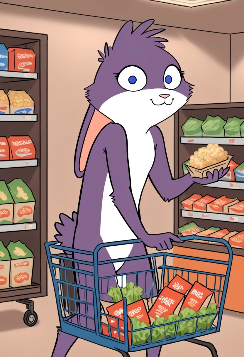 score_9, score_8_up, score_8,     <lora:Amy_Bedfellows_for_PonyXL:0.8> furry female, 1girl, 4my, blue eyes, animal ears, grocery store, shopping cart, cereal boxes