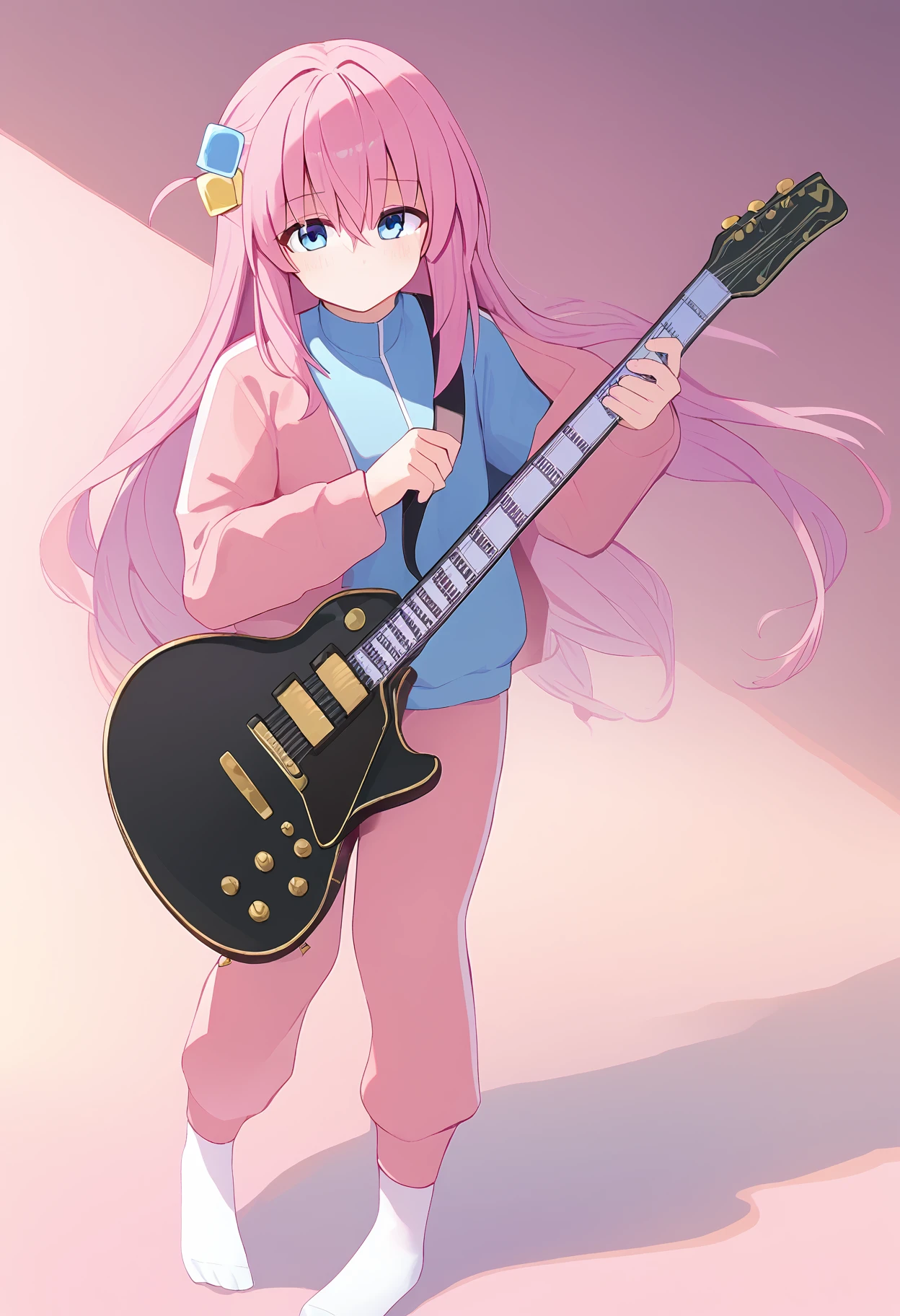 1girl, 
gotoh hitori,  
cube hair ornament, solo, one side up, white socks, standing, very long hair, socks, shirt, pink jacket, closed mouth, blue eyes, blue shirt, holding instrument, long hair, track pants, gibson les paul, open clothes, full body, jacket, pink hair, pants, instrument, hair between eyes, plectrum, guitar, pink pants, track jacket, holding plectrum, holding, looking at viewer, open jacket, blush, electric guitar, no shoes, hair ornament, 
score_9,  sfw
 <lora:pony_char_gotoh_hitori-000005:1>