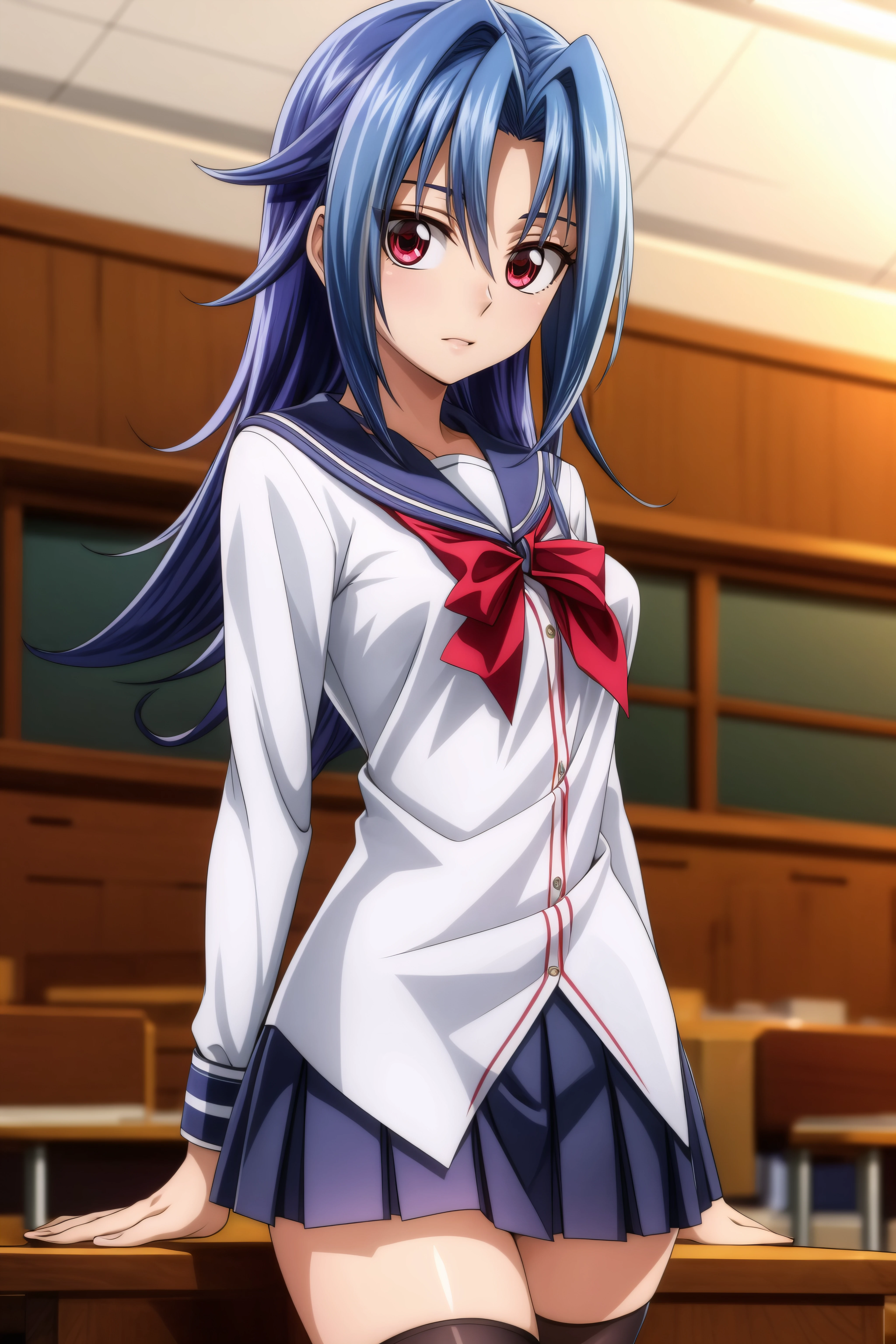 (masterpiece, best quality), <lora:Rio Kamishiro-lora-Faxtron:0.8> rio kamishiro, red eyes, blue hair, long hair, dyed bangs, medium breasts, school uniform, long sleeves, black thighhighs,
<lora:add_detail:0.8>