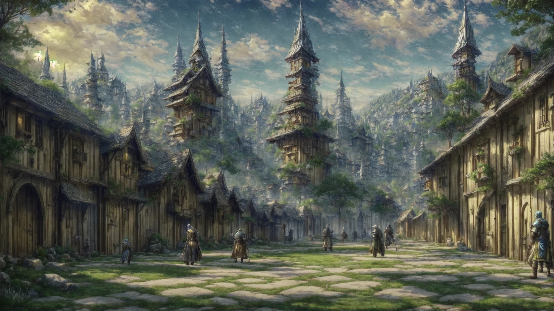 Role-playing game (RPG) style fantasy (an outdoor landscape shot of a high fantasy RPG game city: 1.1), (with many buildings of differing sizes: 1.1), (in a visual novel style: 1.1), no humans, <lora:fantasybgv1_1:0.8>, fantasybg, very detailed, <lora:more_details:0.6>, high quality, highres, masterpiece, best quality, 8k, intricate, detailed, <lora:add_detail:0.6> . Detailed, vibrant, immersive, reminiscent of high fantasy RPG games