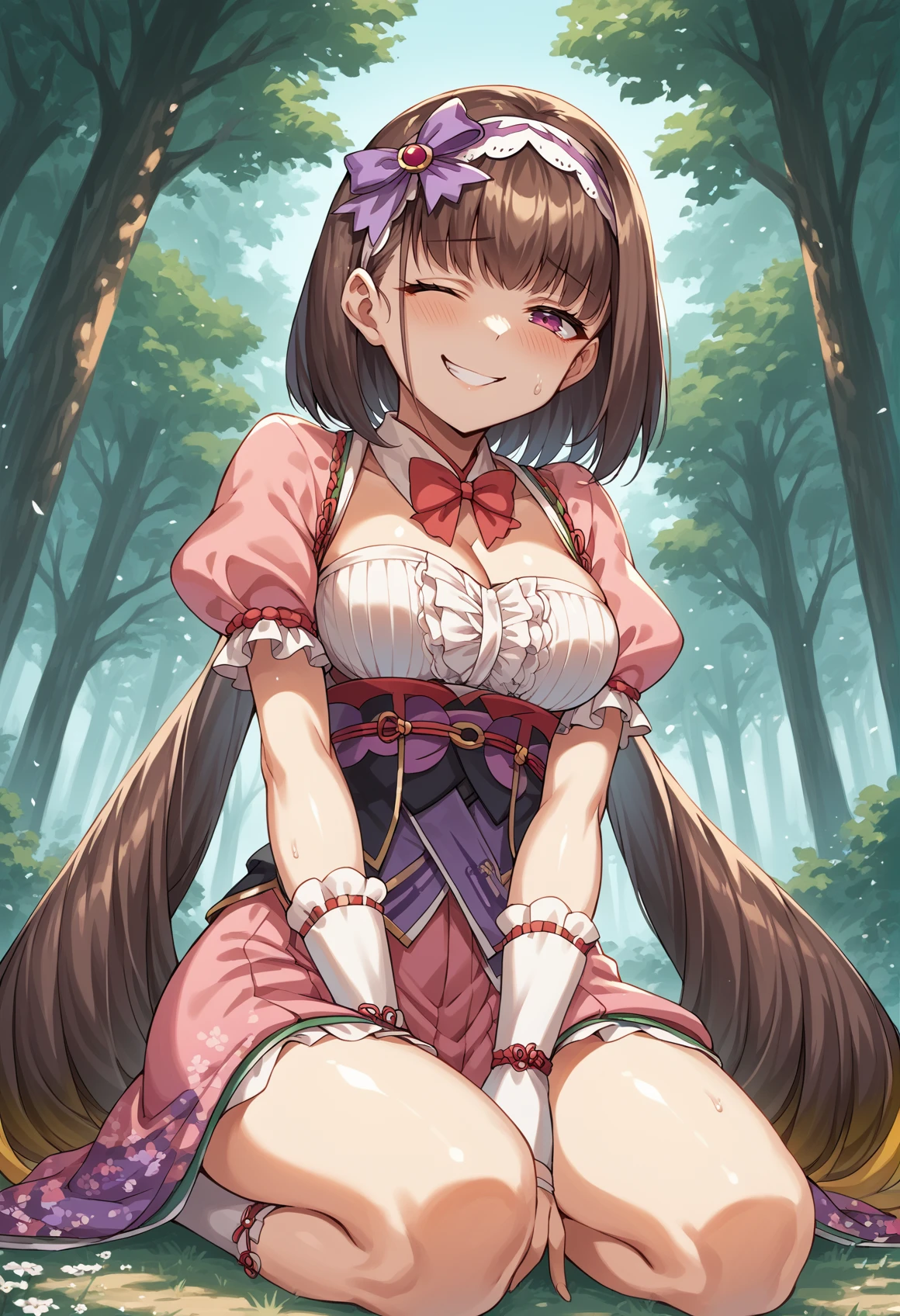 1girl, very long hair, multicolored hair, gradient hair, brown hair, blonde hair, purple eyes, low twintails, hairband, ribbon, blouse, japanese clothes, bridal gauntlets, skirt, detached collar, red bowtie, juliet sleeves, puffy sleeves, short sleeves, cleavage, outdoors, forest, pouty lips, half-closed eyes, wink, from below, kneeling, nervous smile <lora:Osakabehime:1>, score_9, score_8_up, score_7_up, score_6_up, score_5_up, score_4_up, BREAK source_anime, masterpiece