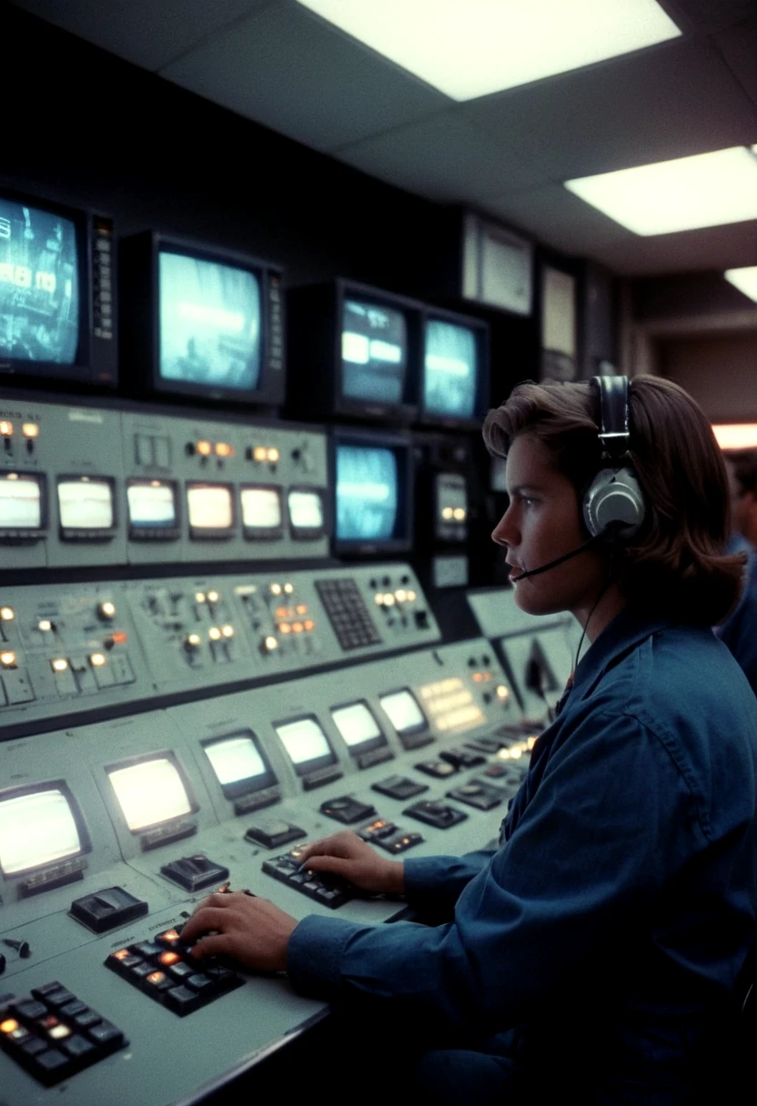 analog film photo ControlRoom, consoles, screens, people, lights, neon lights, highly detailed, 4K . faded film, desaturated, 35mm photo, grainy, vignette, vintage, Kodachrome, Lomography, stained, highly detailed, found footage