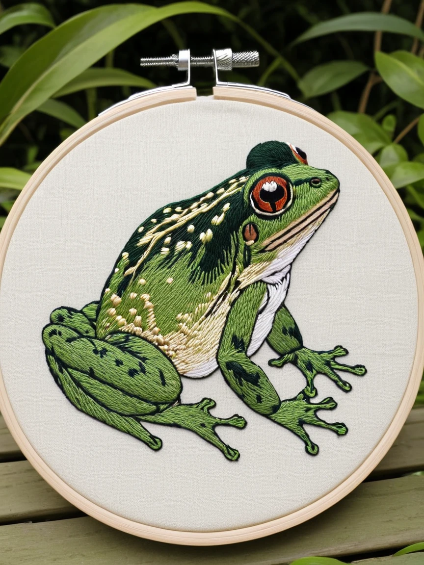 <lora:EmbroideryXL:1> frog embroidery,