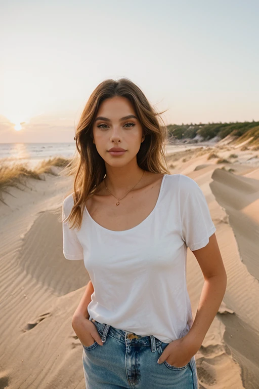 a breathtaking high qualityfashion photo of a beautiful woman, <lora:Liza_V1:1>,  highly detailed face,  perfect styled hair, long hair with blonde highlights, elegant makeup, lipstick, lipgloss, 8K, masterpiece, 50mm lens, vignette:1.3, summer evening light, outside a stylish summer house in the Hamptons, beach view,  sand dunes, cinematic lighting, warm golden hour lighting, ((looking at viewer)), shot on Leica M3, EKtar 100 film, in style of Martin Schoeller, wearing a white t-shirt and jeans, <lora:add-detail-xl:0.4>  <lora:epi_noiseoffset2:0.6>