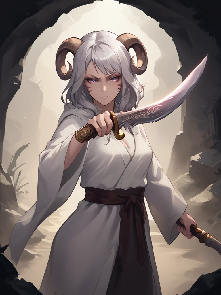 source_furry, score_7_up, rating_safe, source_anime:1.2, 
kukri, holding kukri:1.2, holding weapon, 
tiefling_bard_Diana:1.2, silver hiar,  robe:1.2,  solo,  cave, naughty face, swept bangs, ruins, bell necklace, fighting stance, cowboy shot, close up, 
purple eyes, <lora:whisker_markings:0.4>red whisker_markings, 
 <lora:Nanoless_Artist_Style_PonyXL:0.2> <lora:age_slider_v4:0.7> 
<lora:Test_Diana:0.8>, 
<lora:Smooth Style 2 SDXL_LoRA_Pony Diffusion V6 XL:0.3>
 <lora:kukri:1>