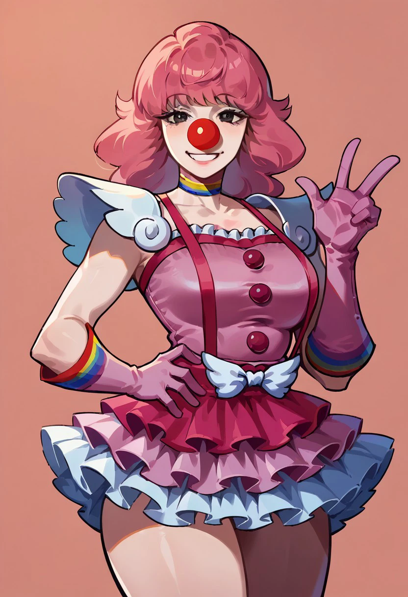 score_9, score_8_up, score_7_up, 1girl, solo, geiru toneido, pink hair, clown nose, chocker, shoulder pads, suspenders, pink dress, frilled dress, sleeveless, pink gloves, smile, looking at viewer, breasts, hips, thighs, cowboy shot