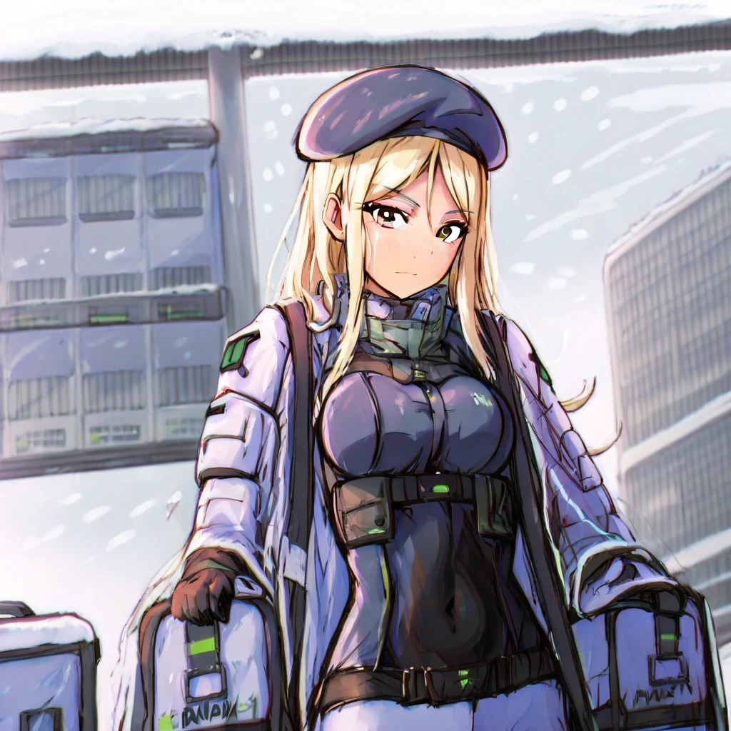 looking at viewer, blurry, long hair, radio, breasts, brown eyes, official alternate costume, closed mouth, beret, dark-skinned female, snow, black jacket, flat chest, building, blonde hair, portrait, covered navel, armor, black gloves