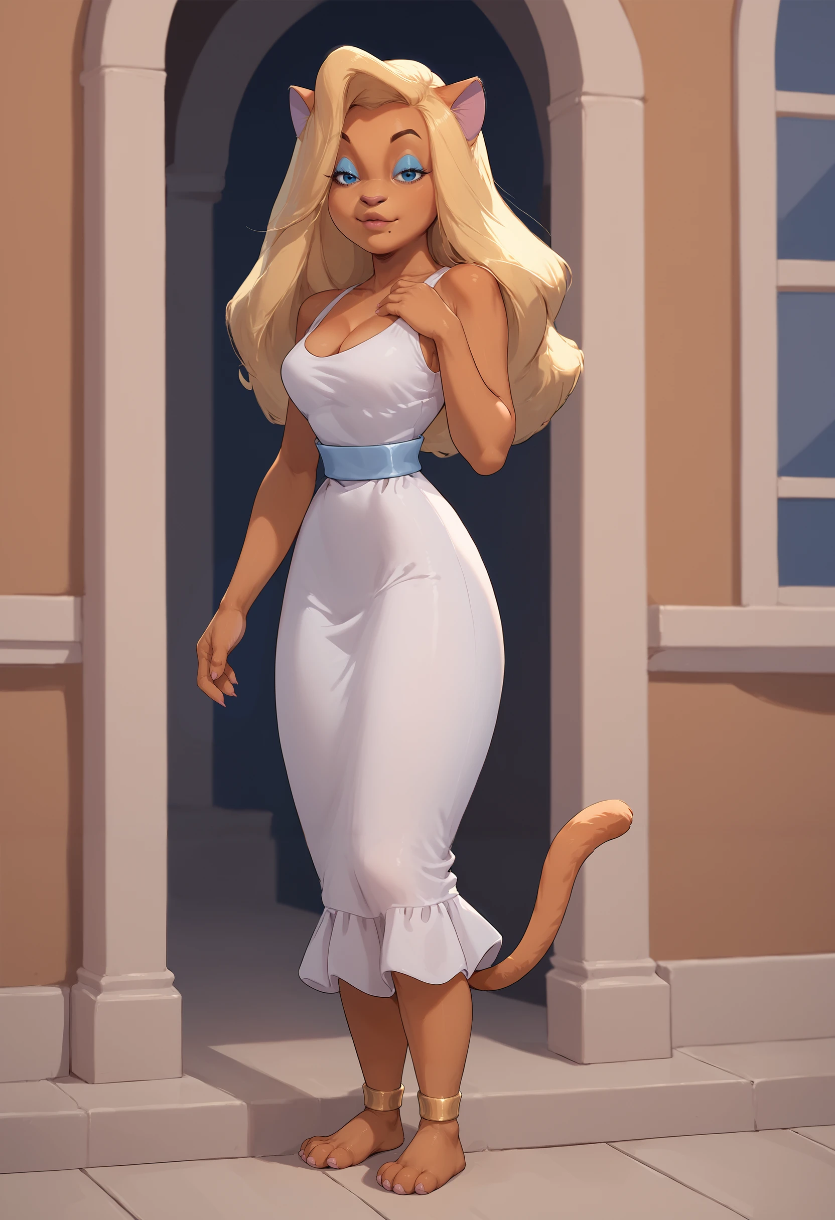 <lora:KittenKaboodle_PonyXL_v1:1>, score_9, score_8_up, score_7_up, rating_questionable, source_furry, solo, kitten kaboodle, cat humanoid, blonde hair, makeup, blue eyes, white sleeveless dress, gold anklets, blue waistband, tail, cleavage, looking at viewer, full-length portrait, outside, detailed background