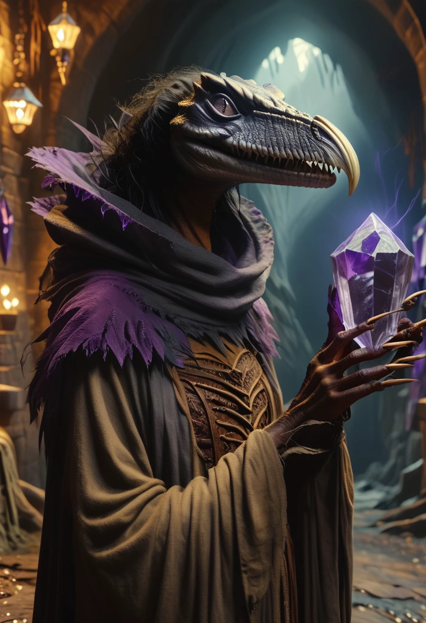 score_9, score_8_up, score_7_up, skeksis, solo, hunchback, claws, no humans, robe, dark body, dark skin, realistic lighting, photo, photorealistic, dark dungeon, upper body, confused expression, (holding purple crystal), laughing hysterically